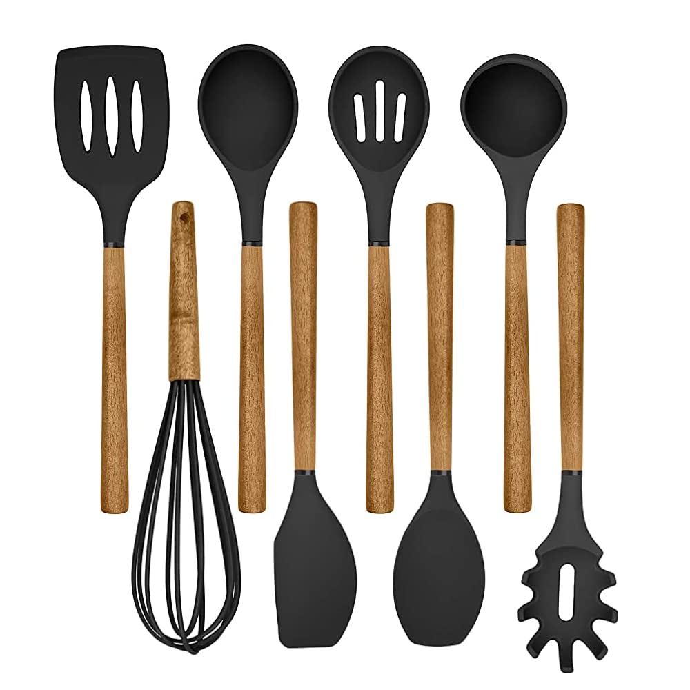 Country Kitchen Silicone Cooking Utensils, 8 Pc Kitchen Utensil Set, Easy to Clean Wooden Kitchen Utensils, Cooking Utensils for Nonstick Cookware, Kitchen Gadgets and Spatula Set - Black Country Kitchen