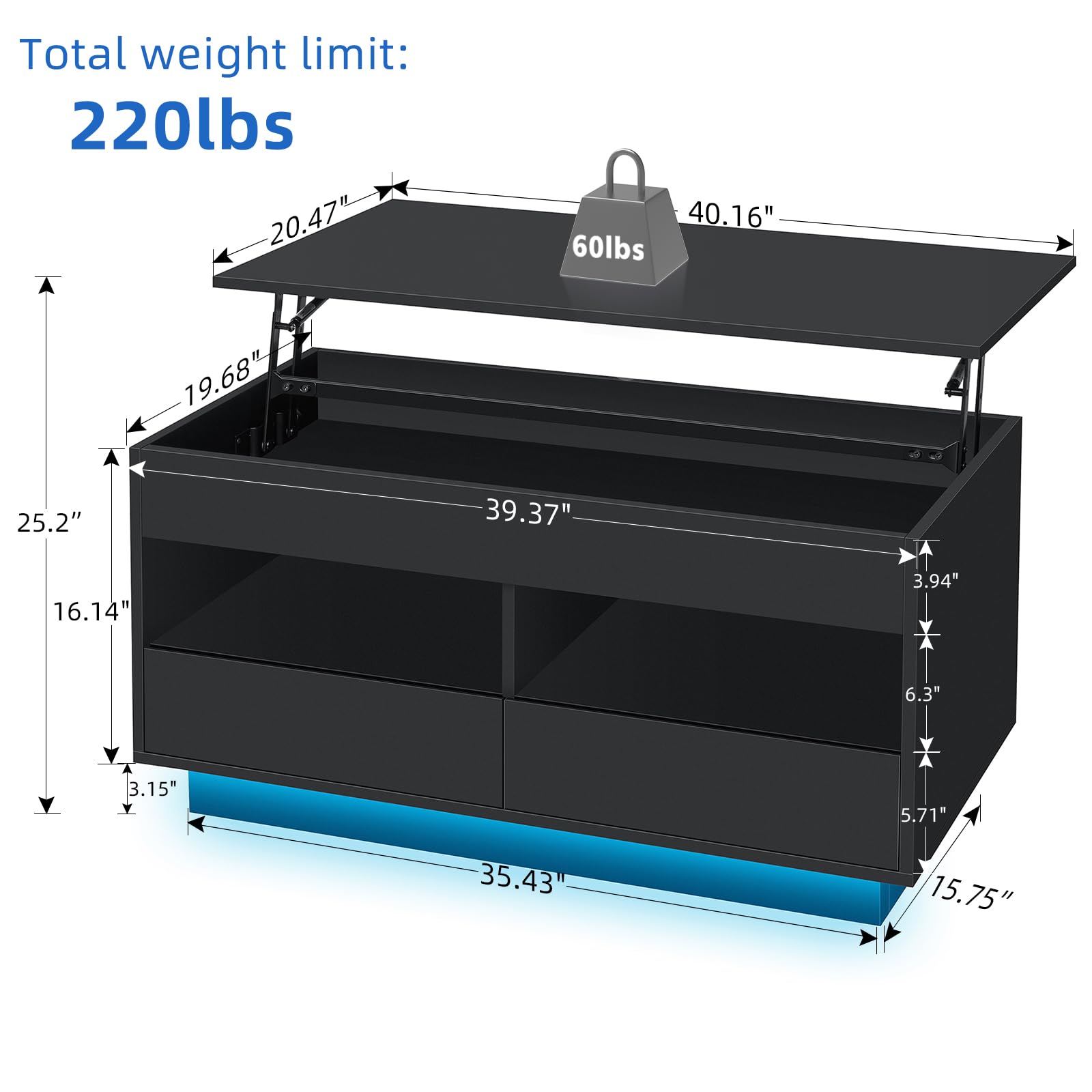 LED Coffee Table for Living Room Lift Top Coffee Tables with Storage Morden High Gloss 4 Tiers Black Tea Table Center Tables Sofa Hidden Compartment & 2 Open Shelve & 2 Drawers - WoodArtSupply