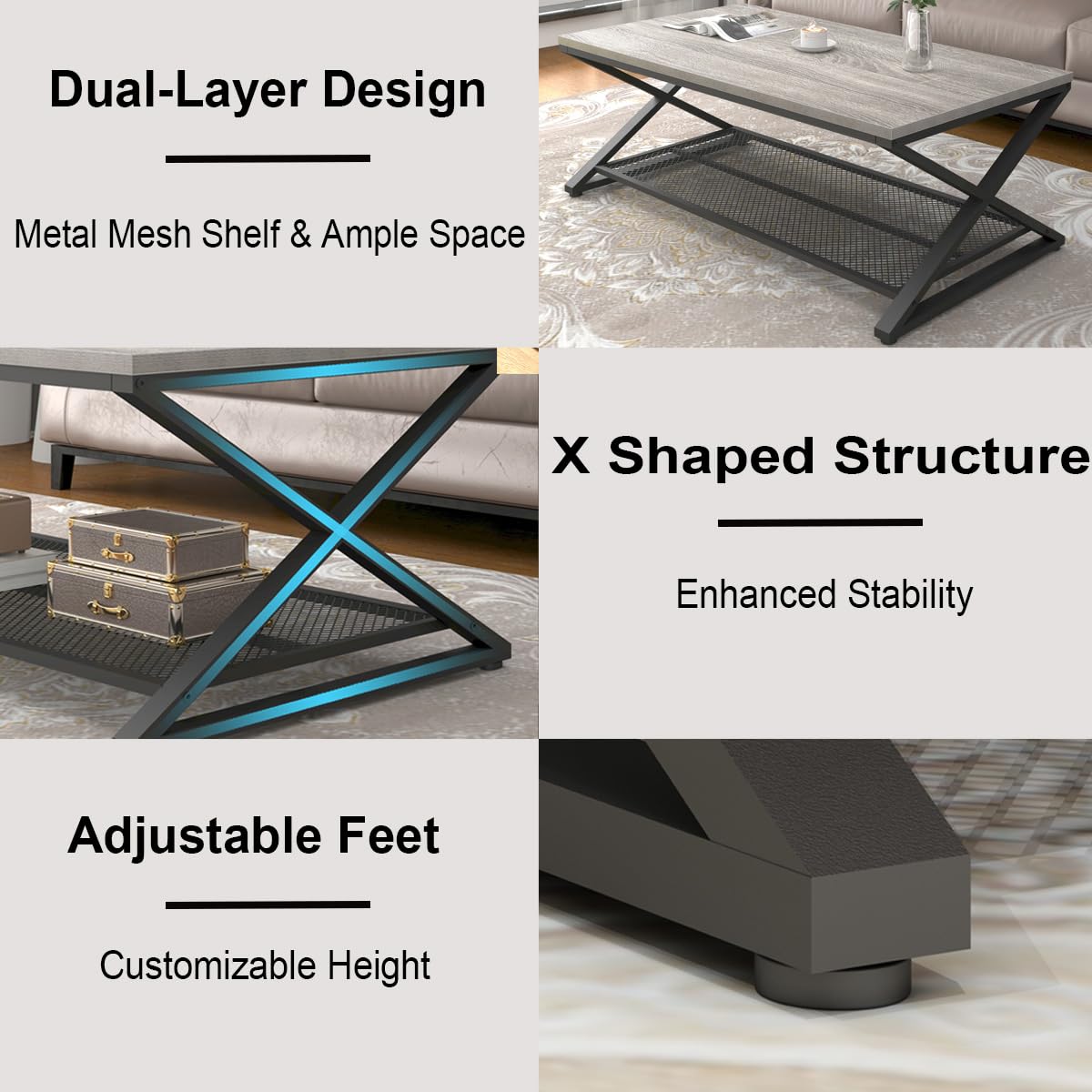 LVB Gray Coffee Table, Farmhouse Wood Metal Center Table with Storage for Living Room, Industrial Wooden 2 Tier Rectangle Cocktail Tea Table with Mesh Shelf for Office Bedroom, 47 inch, Light Grey Oak LVB