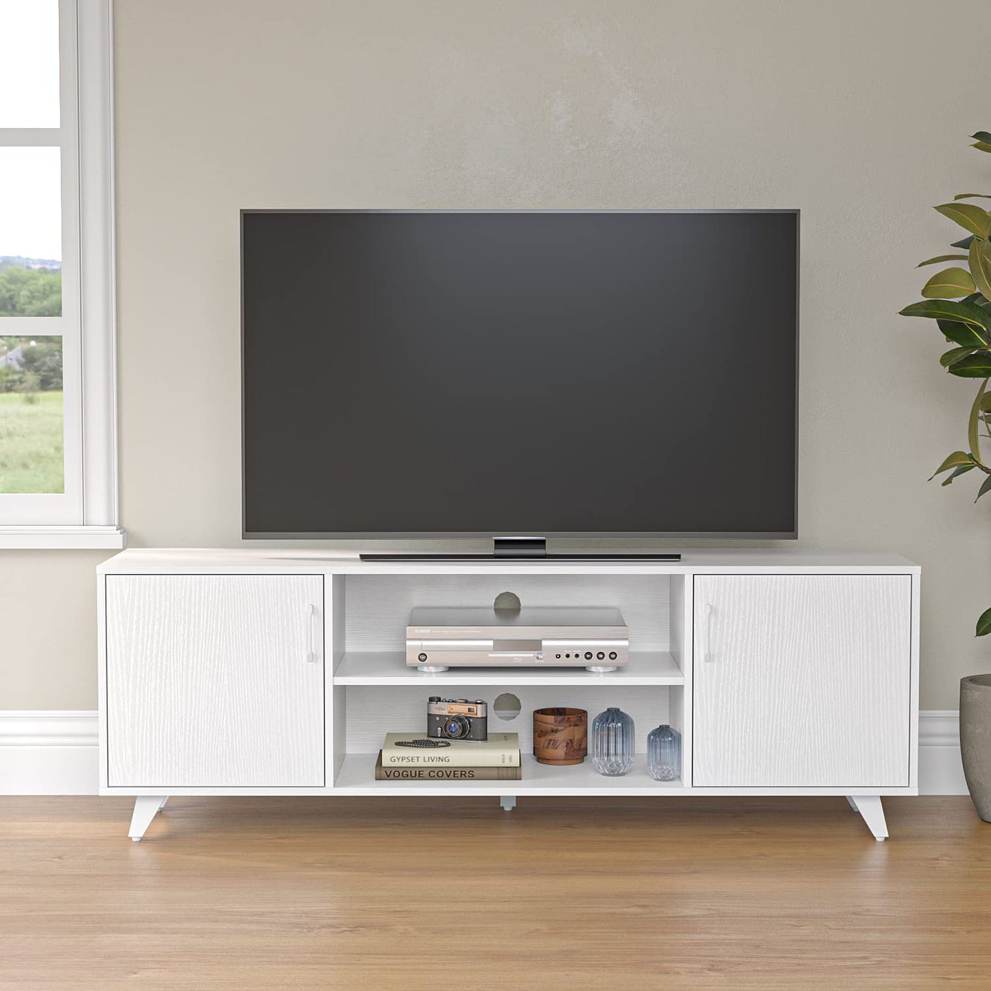 Panana TV Stand Television Stands TV Console Unit with Shelf and 2 Doors Storage Cabinets for Living Room Bedroom for TVs up to 70 Inches (White,62.99 inches)