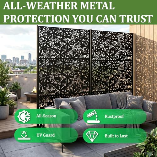 Metal Privacy Screen Outdoor 6FT – Freestanding Laser Cut Steel Garden Divider Panel with Stand, Decorative Modern Privacy Screen for Patio, Deck, Backyard & Balcony, Rustproof & Weather-Resistant WIZWERK