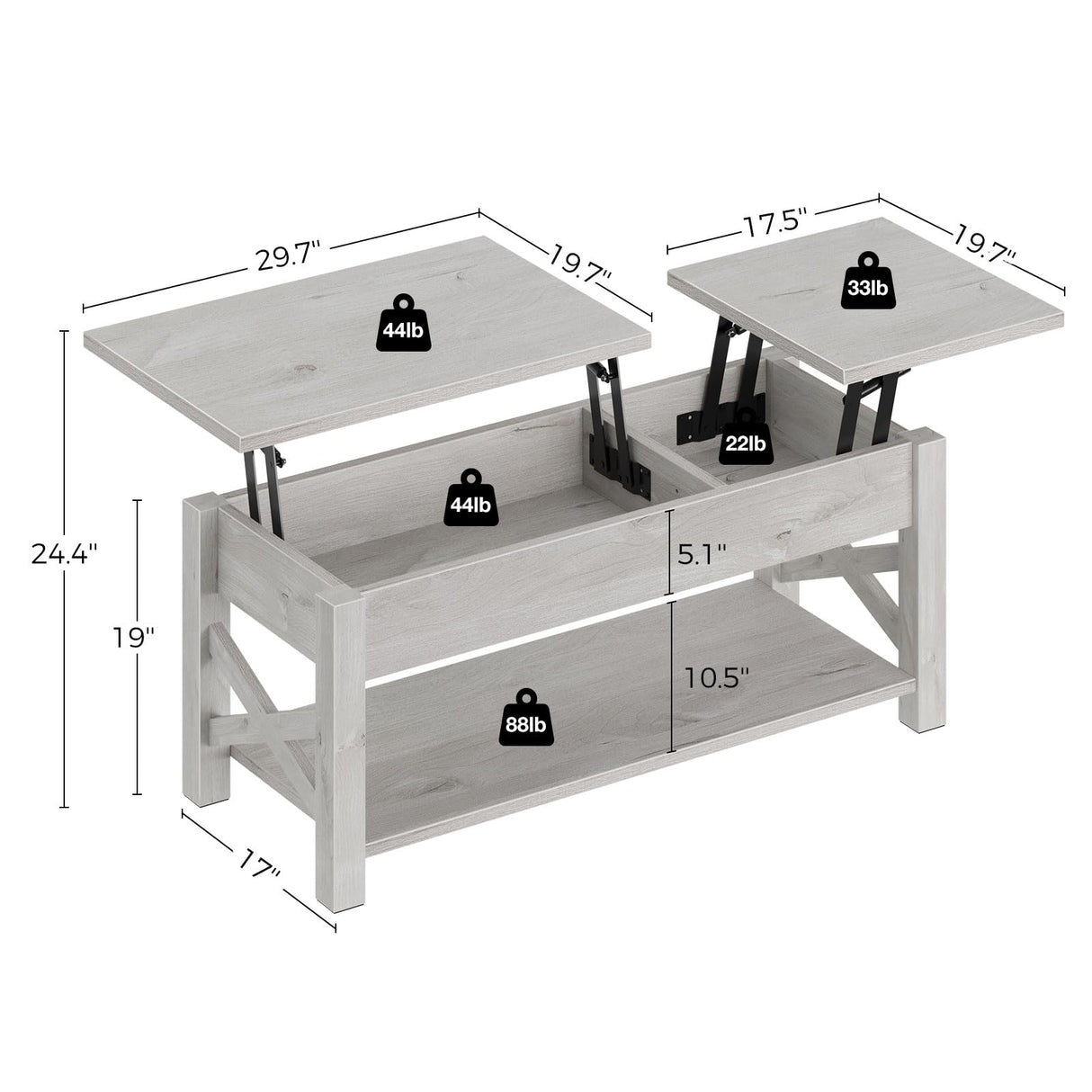 Rolanstar 47.2" Lift Top Coffee Table with Hidden Compartment, 2 Way Lift Top Coffee Table with Open Shelf & X Wooded Support, Farmhouse Center Table for Living Room, Grey Rolanstar