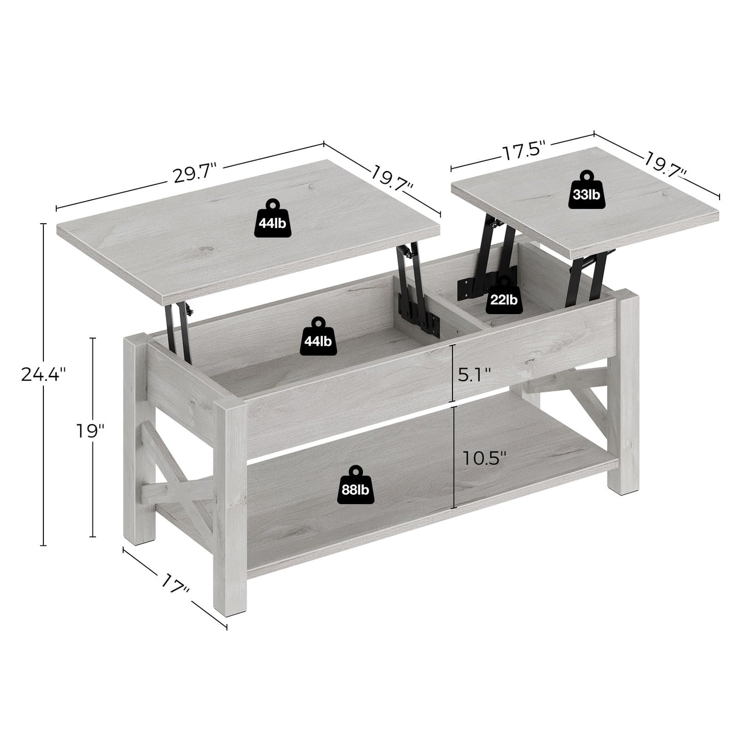 Rolanstar Coffee Table 47.2", 2 Way Lift Top Farmhouse Center Table with Hidden Compartment, Open Shelf & X Wooden Support for Living Room, Grey