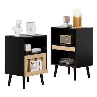 Anbuy Rattan Nightstand Set of 2, Wooden End Side Table, Bedside Table with Open Storage Shelve and Door, Night Stands for Bedroom Living Room 2-Pack