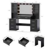 TOKSOM Black Vanity Desk with Mirror, Lights & Charging Station, 58.3" 3 Lighting Modes Makeup Desk with 8 Drawers, 2 Cabinets and Lots Storage, Dressing Table Vanity Set with Lighted Mirror TOKSOM