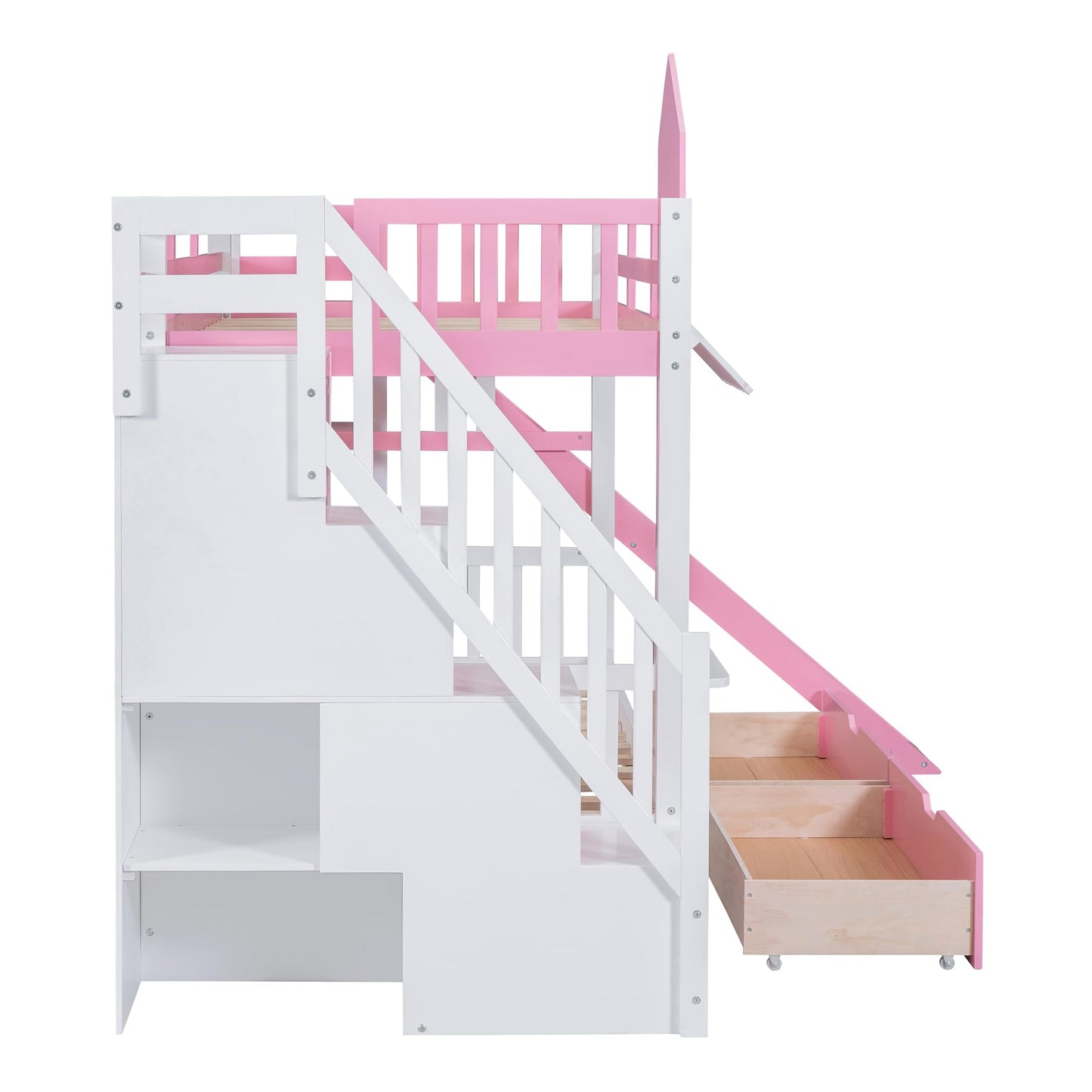 SOFTSEA Twin Over Twin Bunk Bed with Slide and Storage Solid Wood Bunk Bed Frame with Staircase and Drawers, Pink