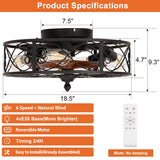 SHLUCE Caged Flush Mount Ceiling Fan with Lights, Farmhouse Rustic Bladeless Ceiling Fans with Lights and Remote, Low Profile Small Enclosed Ceiling Fan with Light for Bedroom, Kitchen, Black SHLUCE