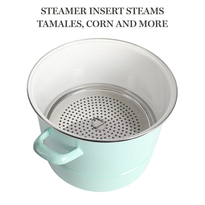 Martha Stewart Thayer 16-Quart Enamel On Steel Scratch Resistant Steamer Stock Pot w/Stainless Steel Insert - Martha Blue