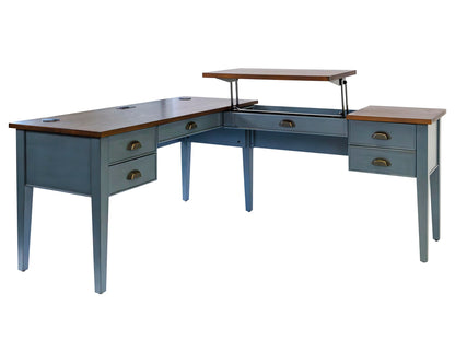 Martin Furniture Farmhouse Wood Half-Pedestal Writing, Open L-Shaped Table, Office Return, Blue Desk - WoodArtSupply