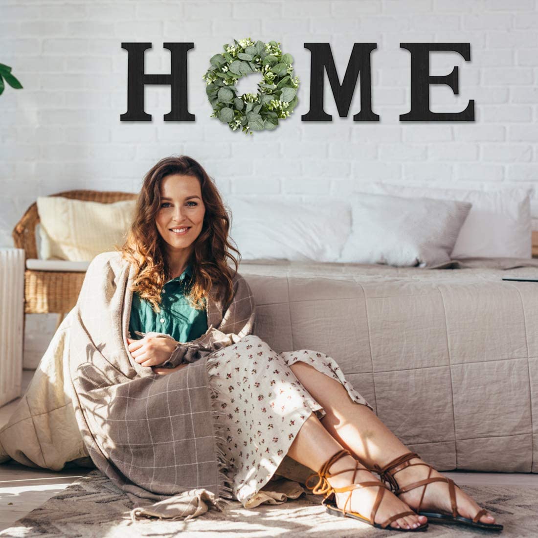 Wood Home Sign with Artificial Eucalyptus Wreath for O, Hanging Farmhouse Wall House Decor Wood Home Letters for Wall Art Rustic Home Decor, Home Wall Decor for Living Room Kitchen Entryway Pinkpum