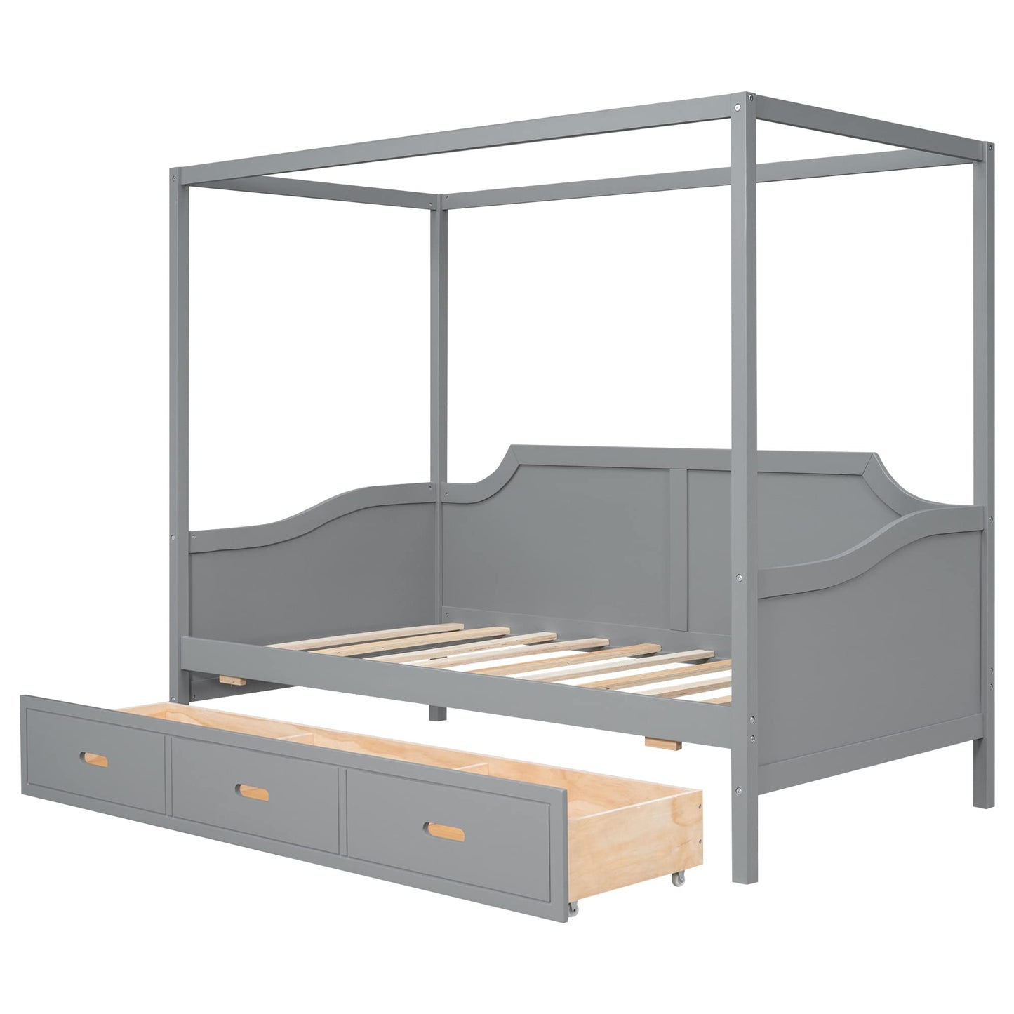 Twin Size Canopy Bed Frame with 3 Storage Drawers,Wood Canopy Bed Frame,4-Post Canopy Bed Twin Size for Kids,Teens,Adults,Gray