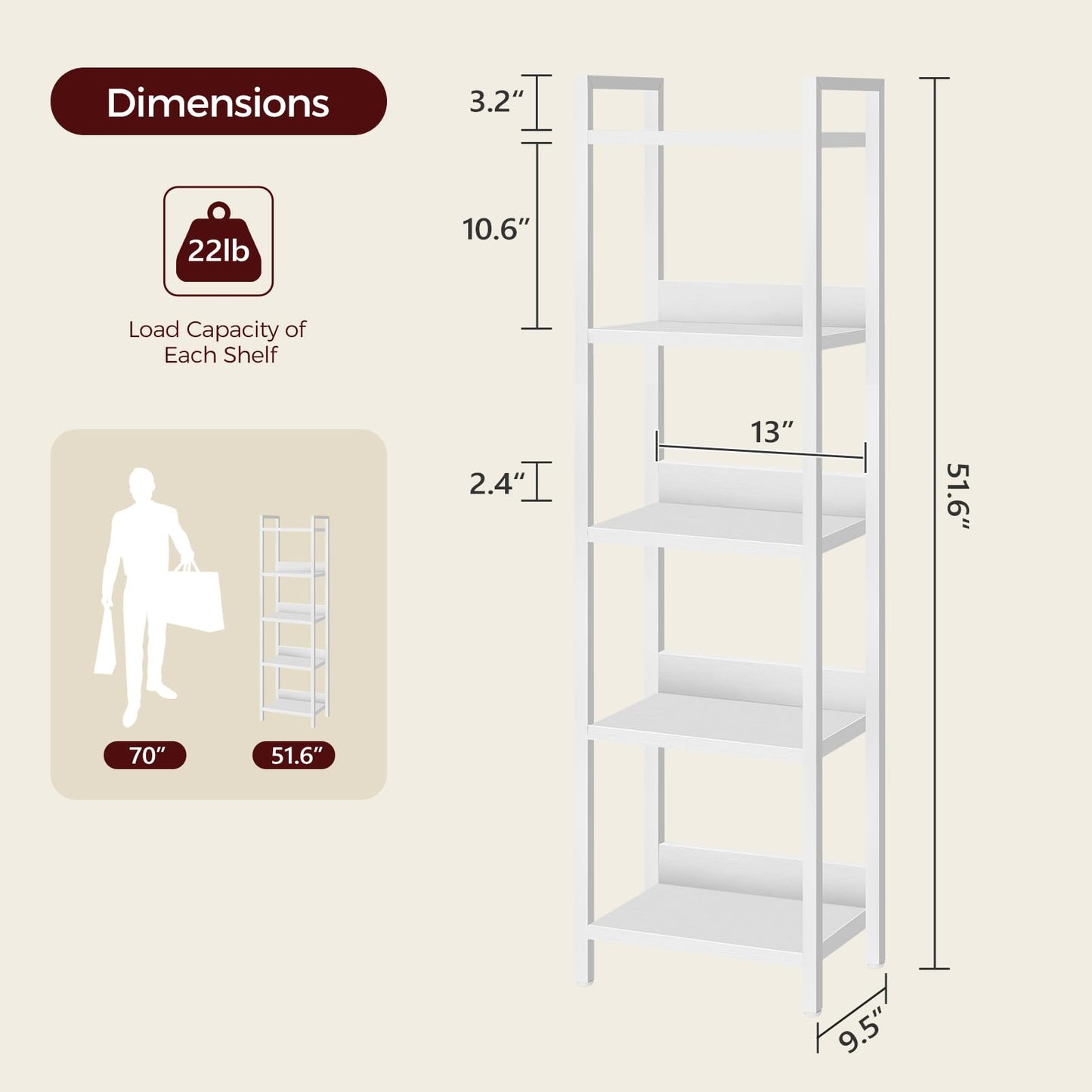 MAHANCRIS 5-Tier Bookshelf, Bookcase, Shelves Organizer for Small Spaces, Storage Shelf Organizer, for Living Room, Bedroom, Study, Balcony, White BKBW5501