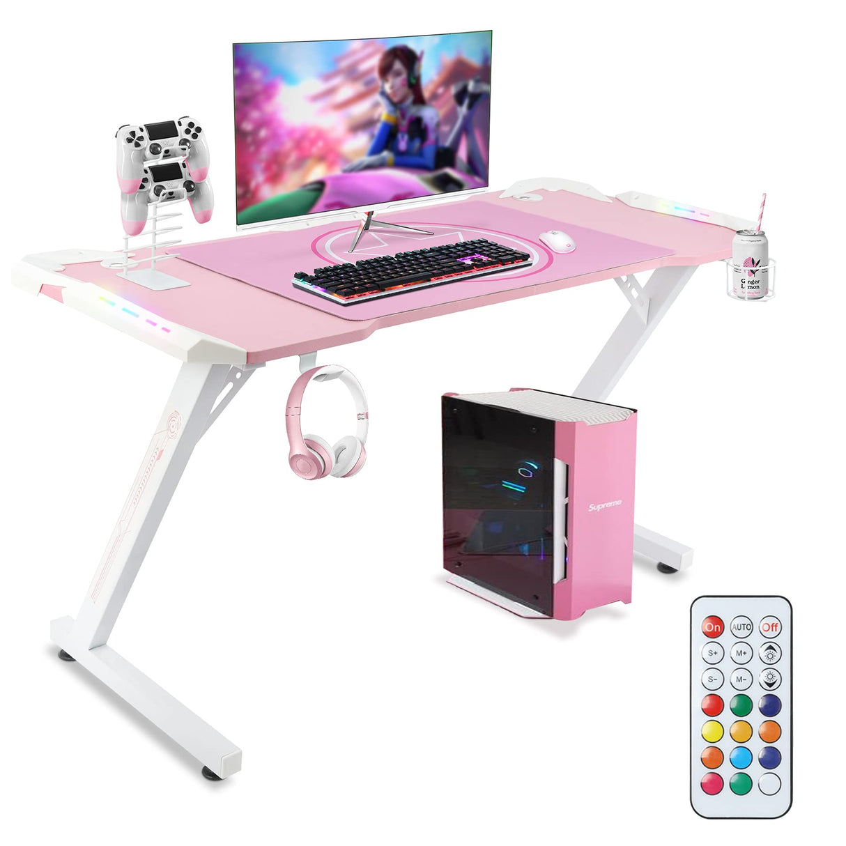 YOUTHUP Gaming Desk with LED Lights, 55 Inch Z Shaped Game Desk for PC Gamer, Ergonomic Racing Style Computer Table Workstation with Remote Control, Headphone Hook, Cup Holder, Handle Rack, Pink YOUTHUP