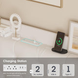 Halitaa Twin Size Floating Bed Frame with LED Lights & Charging Station, White Upholstered PU Leather Halitaa