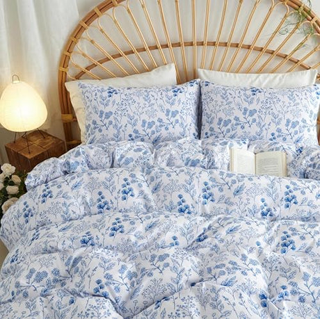 Sedefen Floral Duvet Cover Queen Size Blue White Romantic Floral Bedding Set 3Pcs Spring Cottagecore Garden Botanical Reversible Coquette Comforter Cover with Zipper Closure and 2 Pillowcases Sedefen