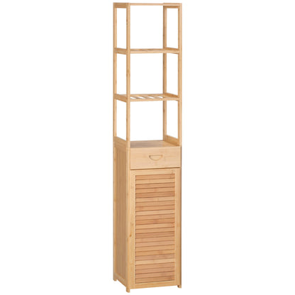 kleankin Tall Bathroom Cabinet with Drawer and Slatted Shelves, Slim Bamboo Linen Tower with Louvered Door, Natural - WoodArtSupply