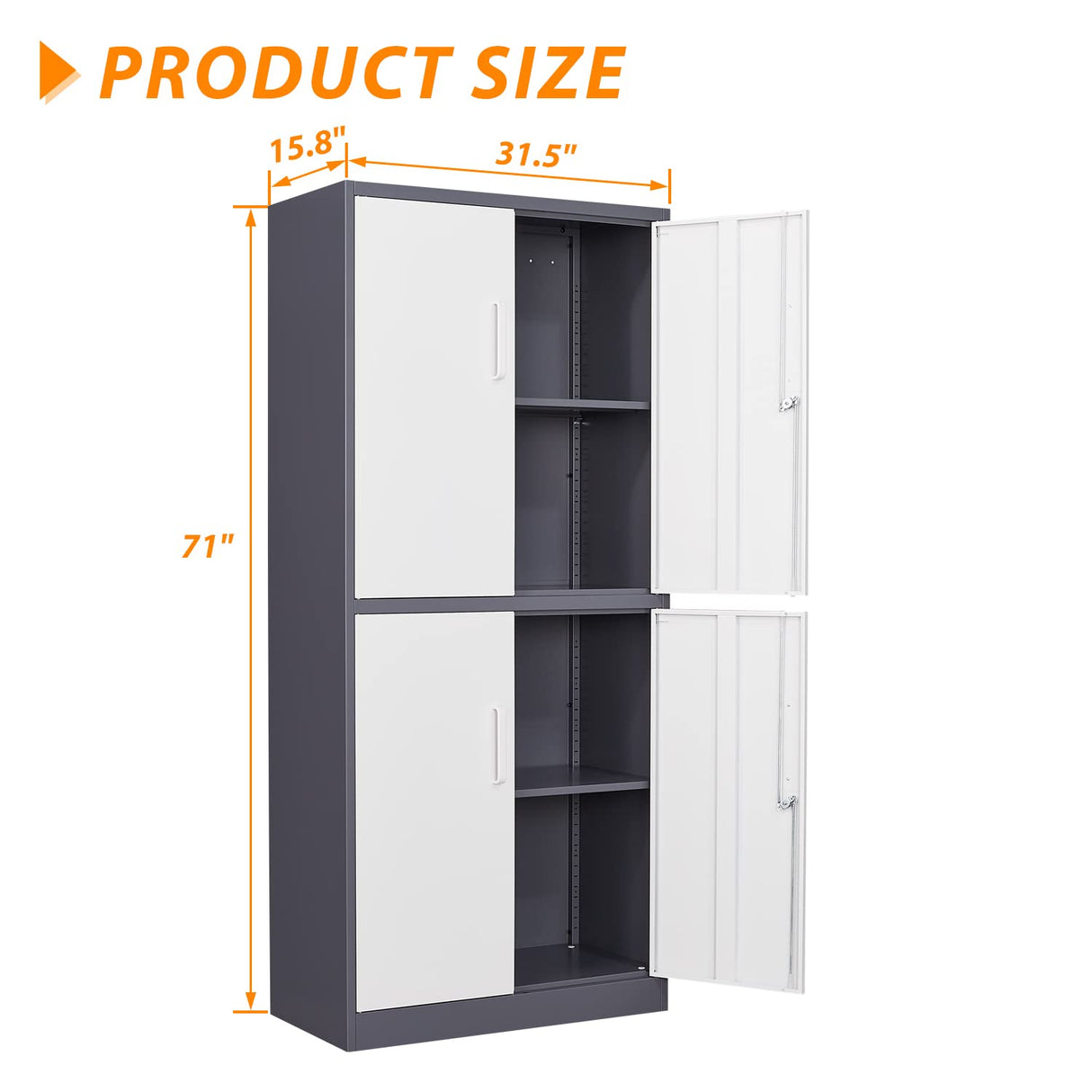 Anxxsu Metal Storage Cabinet, 71" Steel Cabinet with 2 Adjustable Shelves, Locking 4 Doors File Cabinet for Home, School, Office, Hospital, Garage Storage (Grey White) Anxxsu