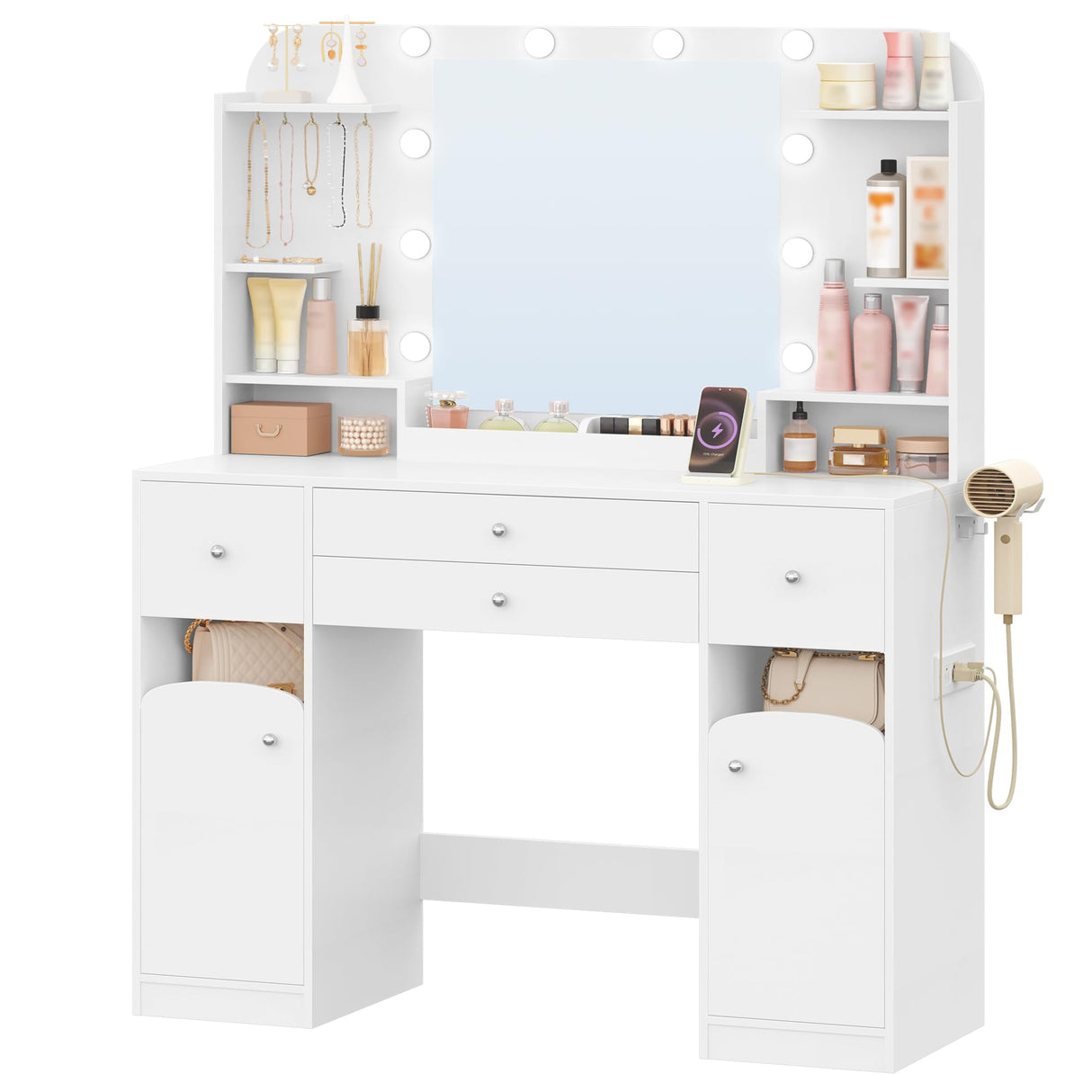 HEXCELEN 42.5" Large Vanity Desk，Dressing Table with Mirror and LED Light, Power Strip, 4 Drawers, 2 Open Storage Cabinets, and Jewelry Storage for Bedrooms, White HEXCELEN
