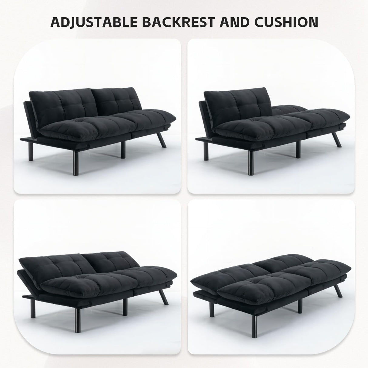 SoarTalent 67” Velvet Futon Sofa Bed Convertible Small Upholstered Couch 2-Seat Loveseat Sleeper with Adjustable Backrest and Armrest for Small Space Apartment,Gaming Room,Office(Black) SoarTalent