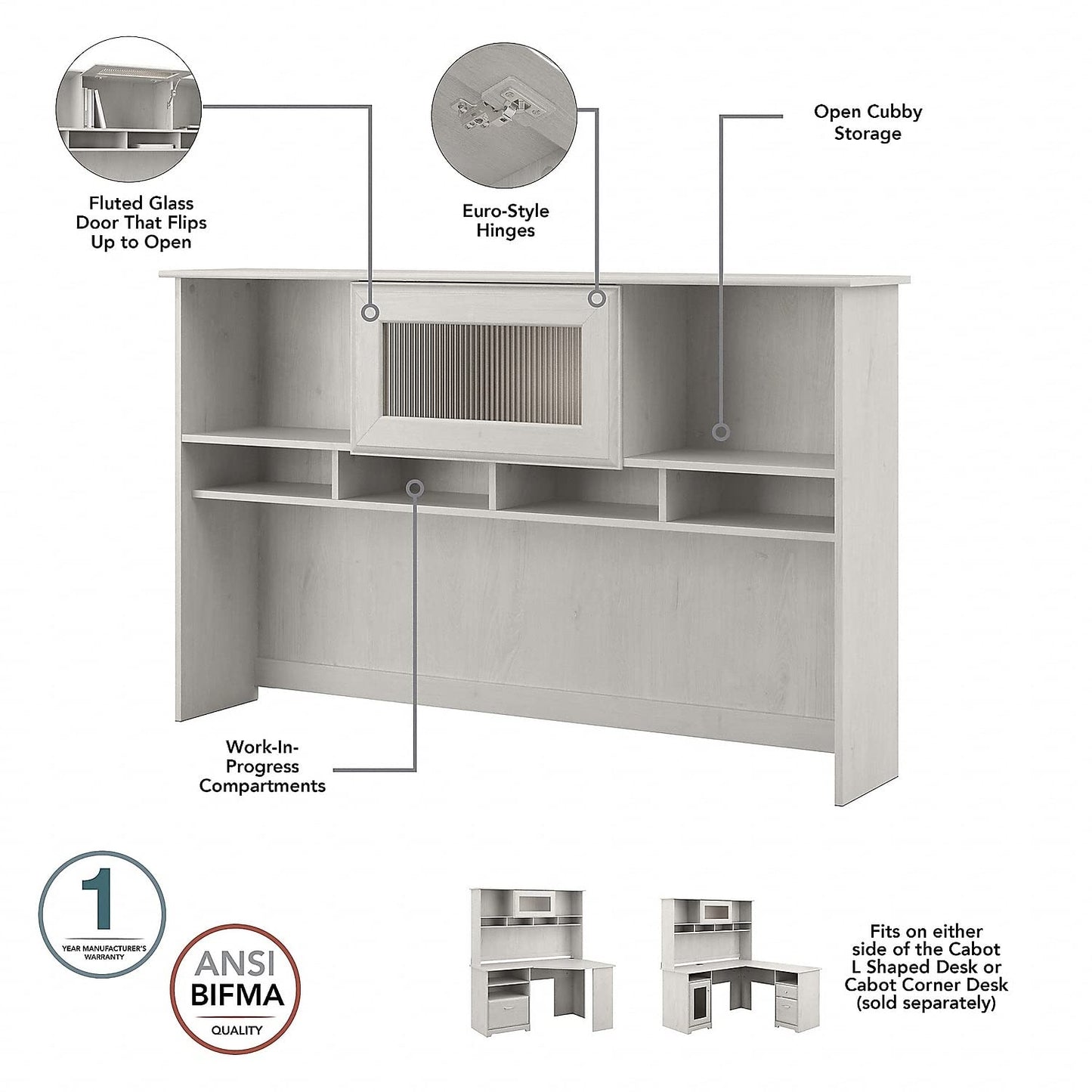 Bush Furniture Cabot L Shaped Desk with Hutch | Corner Desk with Storage for Home Office in Linen White Oak | 60W L Shaped Computer Desk - WoodArtSupply