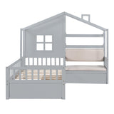 Kids Twin House Bed Frame with Upholstered Sofa and Storage Drawers in Grey Bellemave