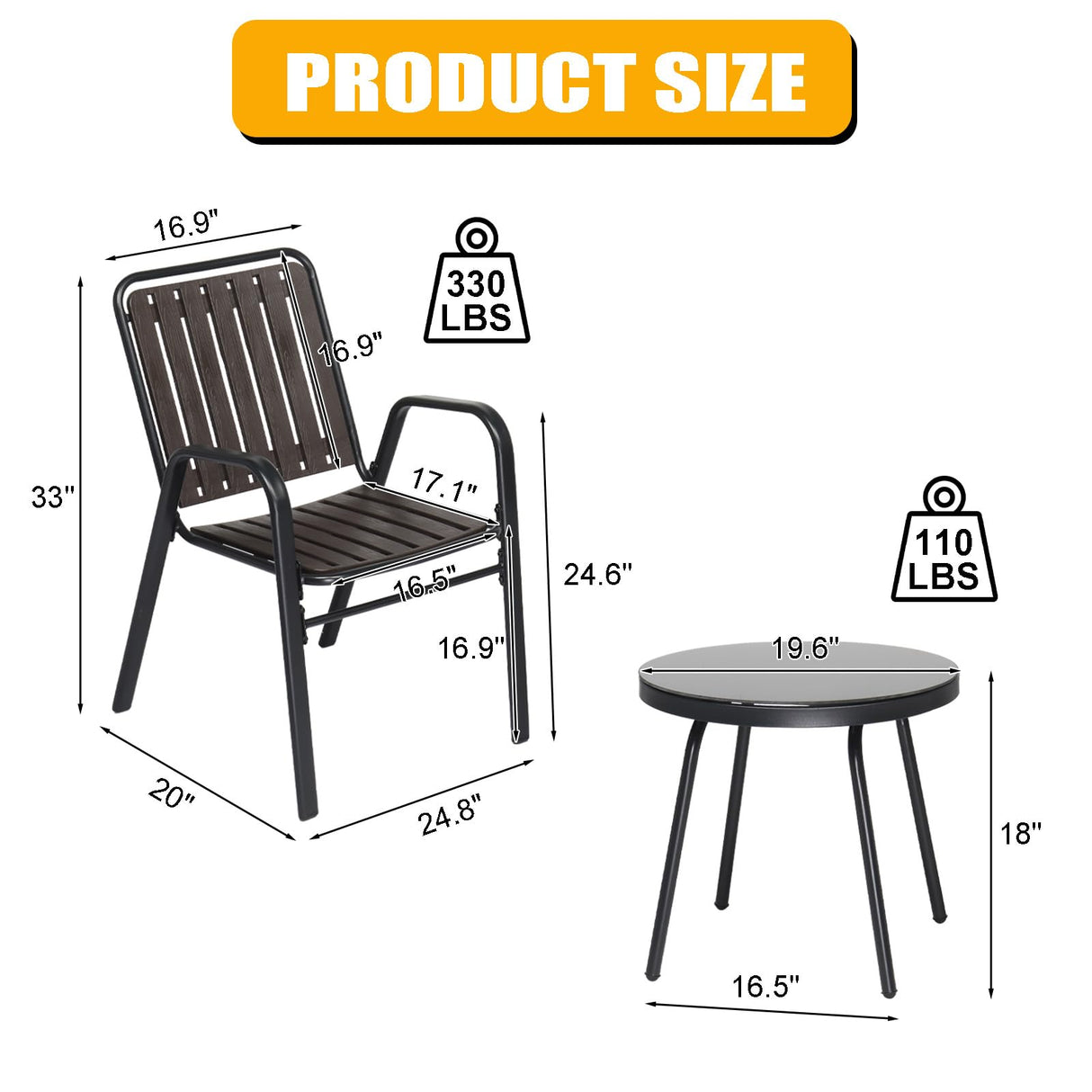 VINGLI 3 Piece Patio Furniture Set Metal Patio Chairs Set of 2 w/PP Backrest and Seat, Outdoor Bistro Set for 2 Porch Furnitutre, Yard, Balcony VINGLI