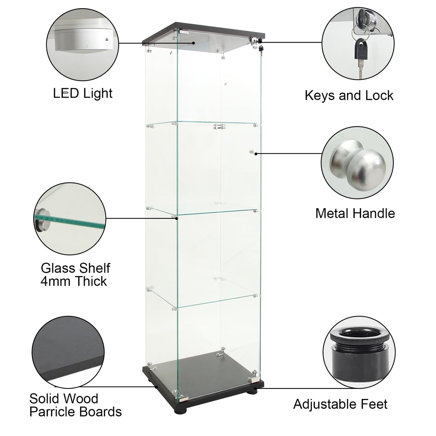 Yoluckea Glass Cabinet with LED Light, 4 Shelves Glass Display Cabinet with Door, Curio Cabinet Collection Glass Display Cabinet for Home Office, Floor Standing Bookshelf Corner Cabinet (Black)