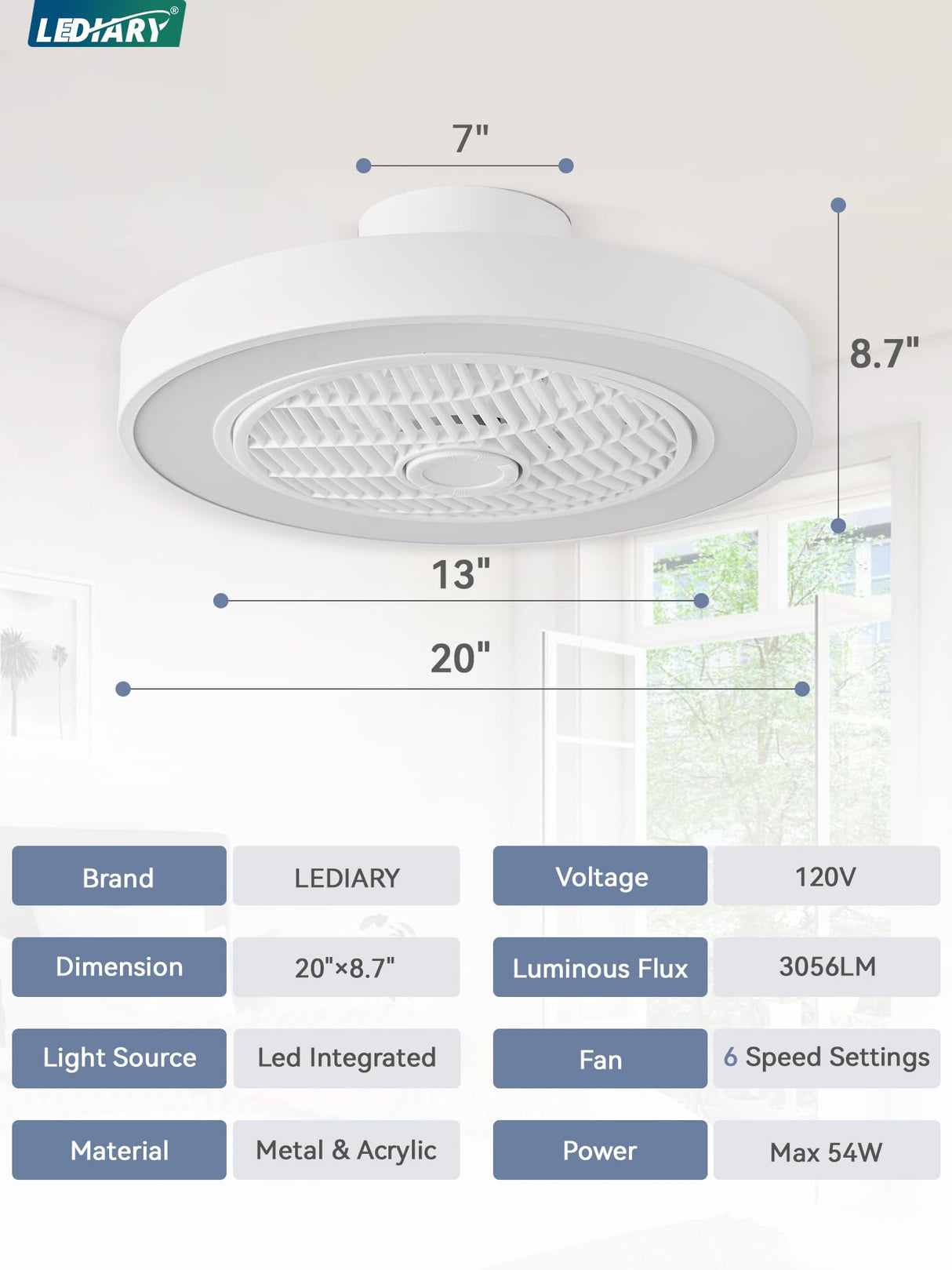 LEDIARY 20 Inch Low Profile Ceiling Fan With Light, Led Bladeless Ceiling Fans, Remote Control Enclosed Flush Mount Ceiling Fan With Timming, 3000-6000K, 6 Wind Speed, 3000LM, 57W-White LEDIARY