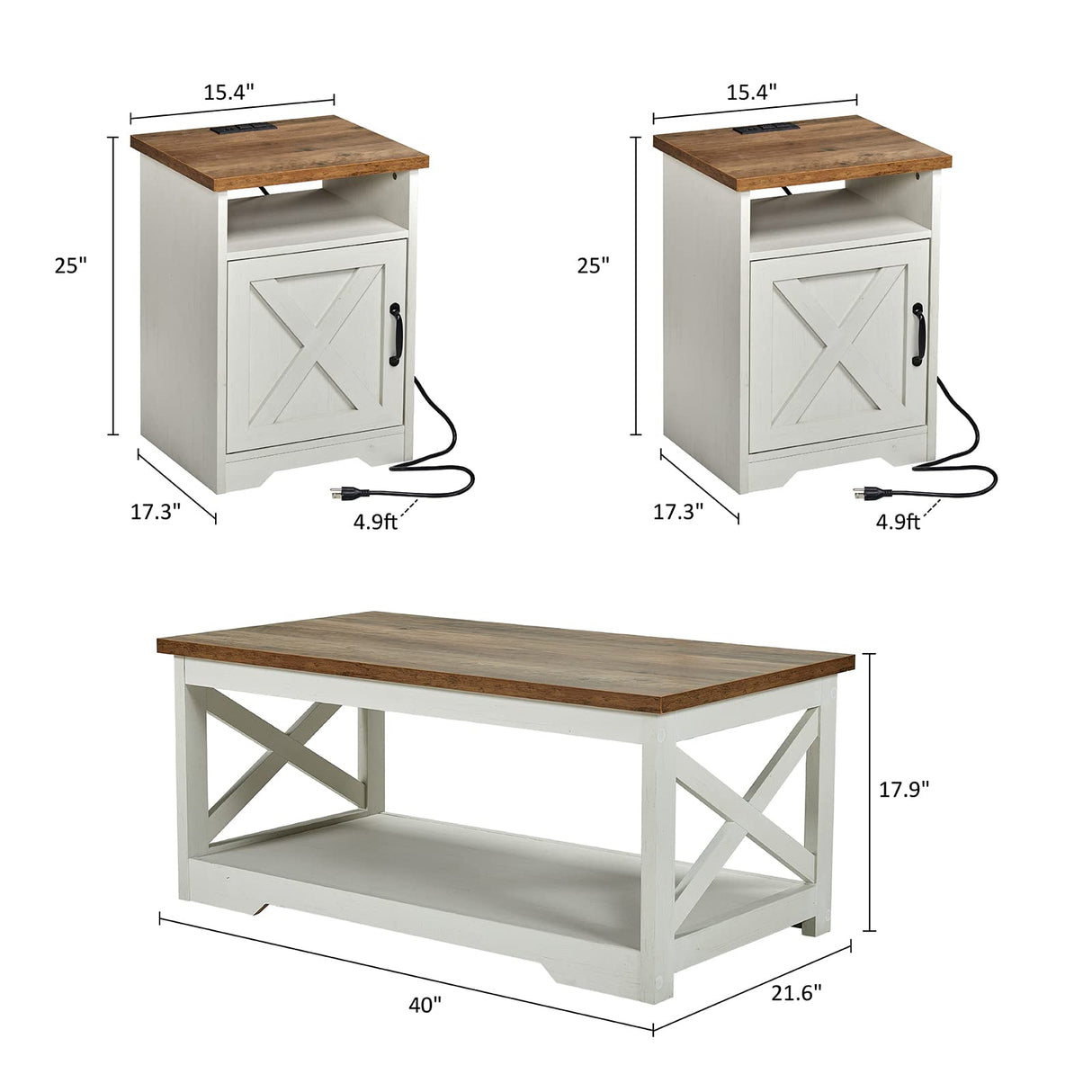 AMERLIFE 3-Piece Farmhouse Table Set Includes Coffee Table& Two End Tables, Side Table with Charging Station and USB Ports, for Living Room, Bedroom, Distressed White AMERLIFE