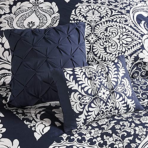 Madison Park Vienna Sateen Cotton Comforter Set, Breathable, Soft Cover, Trendy, All Season Down Alternative Cozy Bedding with Matching Shams, King, Indigo 7 Piece Madison Park