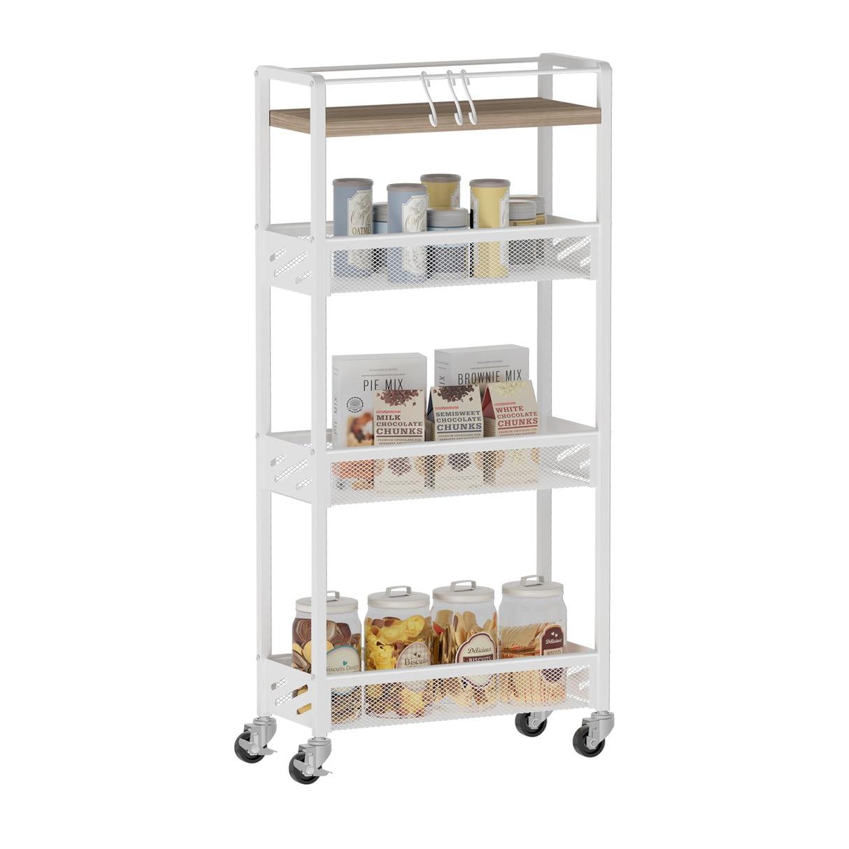 DGSNADGO Slim Rolling Storage Cart, 4-Tier Kitchen Cart on Wheels, Narrow Utility Cart with Handle and Wooden Tabletop for Small Space in Kitchen, Living Room, Bathroom, Laundry Room, Beige and White DGSANDGO