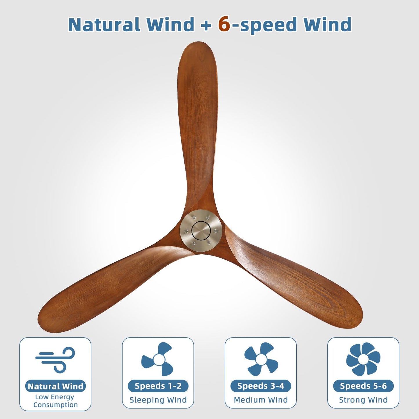 CACI Mall 60 inch 3 blade wood ceiling fan no Light, Solid, Quiet, Reversible DC Motor, Outdoor, Indoor Ceiling Fan for Living Room, Patio, Bedroom, Porch, Farmhouse