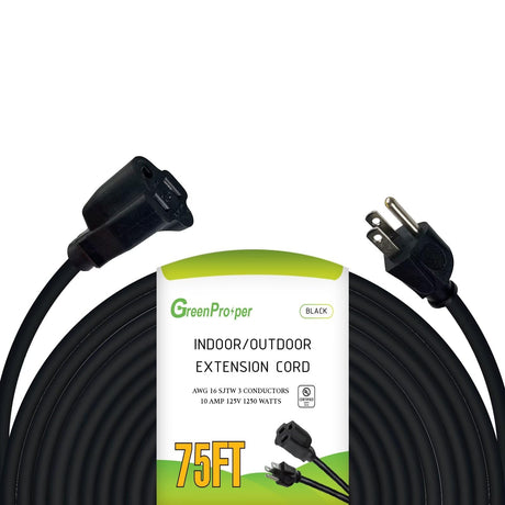 GreenProsper 75 Ft Indoor Outdoor Black Extension Cord, 16 Gauge Waterproof Electrical Power Cable, 16/3 SJTW 3 Prong Grounded Plug, 13A 1625W, UL Listed GreenProsper