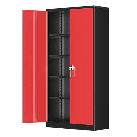 Greenvelly Metal Garage Storage Cabinet with Doors and Adjustable Shelves,72" Black Red Locking Steel Garage Cabinet,Storage Cabinet with Lock, Metal Tool Cabinets for Garage,Home Office,School Greenvelly