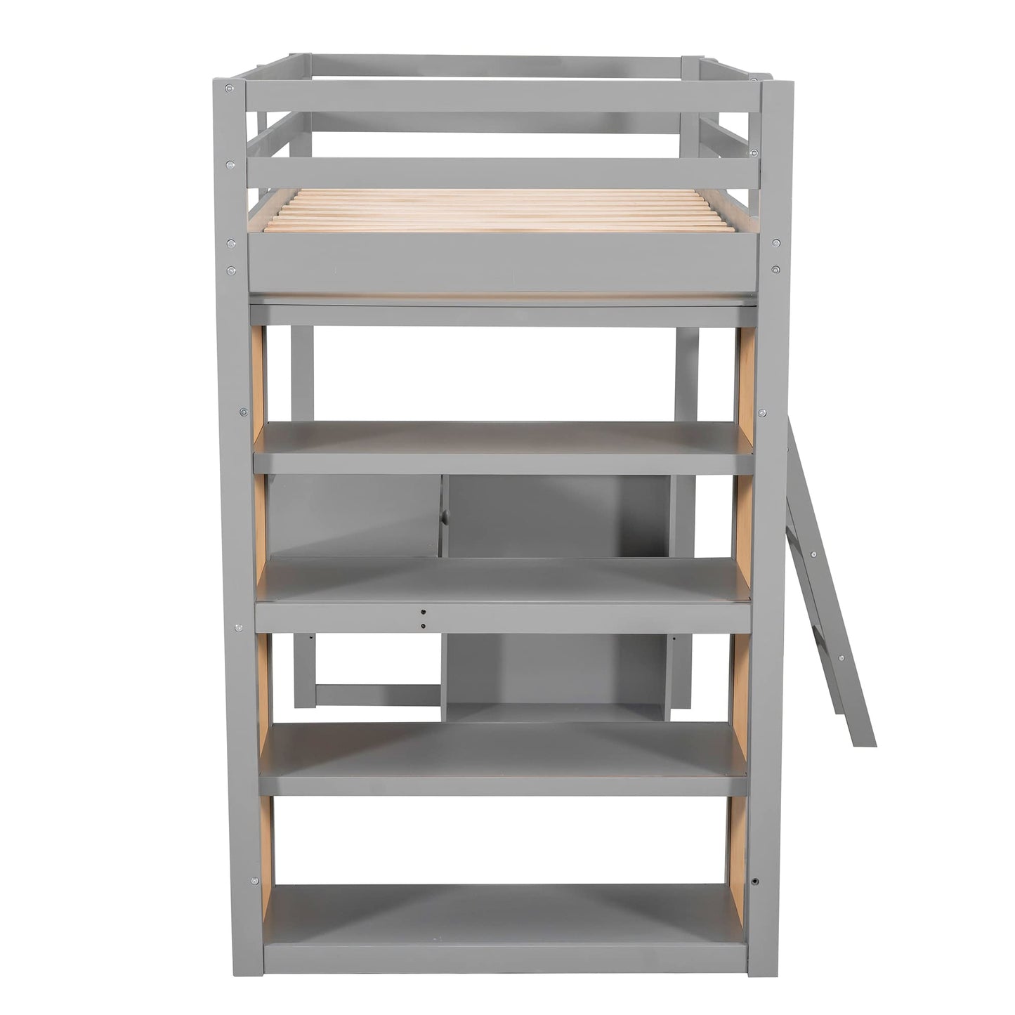 Harper & Bright Designs Twin Loft Bed with Desk, Shelves, and Storage in Grey - WoodArtSupply