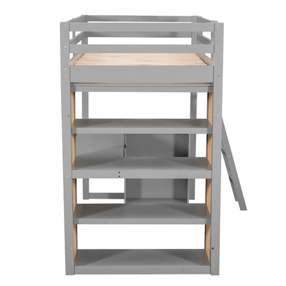 Harper & Bright Designs Twin Loft Bed with Desk, Shelves, and Storage in Grey - WoodArtSupply