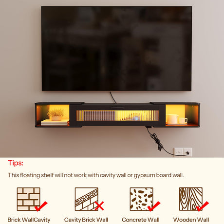HOOBRO Floating TV Stand with LED Light Power Outlet for TVs up to 65”, Wall Mounted TV Shelf, Modern Media Console Entertainment Center Under TV, for Living Room Bedroom, Black BK34UDDS01G1 HOOBRO