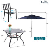 PHI VILLA 5 Piece Outdoor Dining Set with 10ft Umbrella, 37" Square Metal Dining Table & 4 Stacking Metal Chair with 3 Tier Navy Umbrella for Patio, Deck, Yard, Porch PHI VILLA