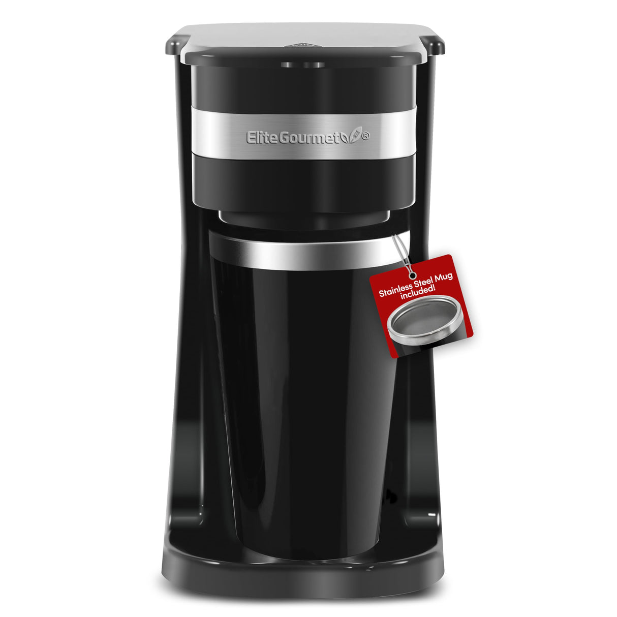 Elite Gourmet EHC113 Personal Single-Serve Compact Coffee Maker Brewer Includes 14Oz. Stainless Steel Interior Thermal Travel Mug, Compatible with Coffee Grounds, Reusable Filter, Black Elite Gourmet