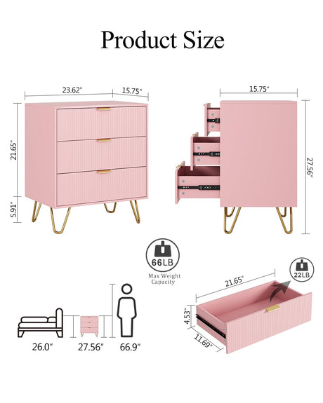 AEPOALUA Fluted 3 Drawer Dresser for Bedroom, Modern Storage Bedroom Dresser Chest Cabinet Organizer with Anti-Tip Hardware for Living Room, Dressing Room, Kids Room, Office (Pink) AEPOALUA