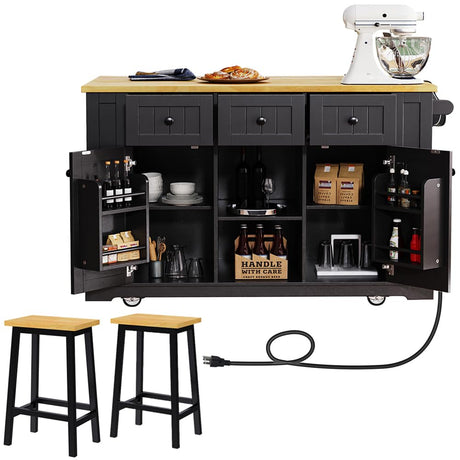 Kennkari Rolling Kitchen Island on Wheels with Drop Leaf and Seating, Wide Moblie Kitchen Island with Storage Cabinets and Power Outlet, Large Island Table with 2 Bar Stools (Type V. Black) Kennkari