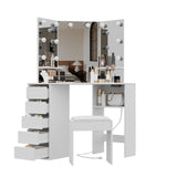 Corner Vanity Desk with Mirror and Led Lights - Makeup Table with 5 Drawers, Shelves, and Vanity Stool - Perfect for Bedroom or Bathroom, White MilleLoom