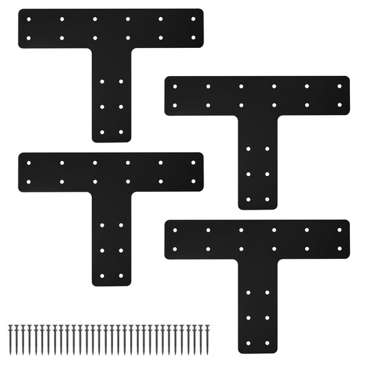 T Post Bracket 4PCS,14x10'' T Flat Mending Plate for Wood 4x4,6x6 Lumber, Black Powder Coated Heavy Duty Pergola Brackets,T Beam Bracket, T Truss Bracket,T Shape Post to Beam Connectors - WoodArtSupply