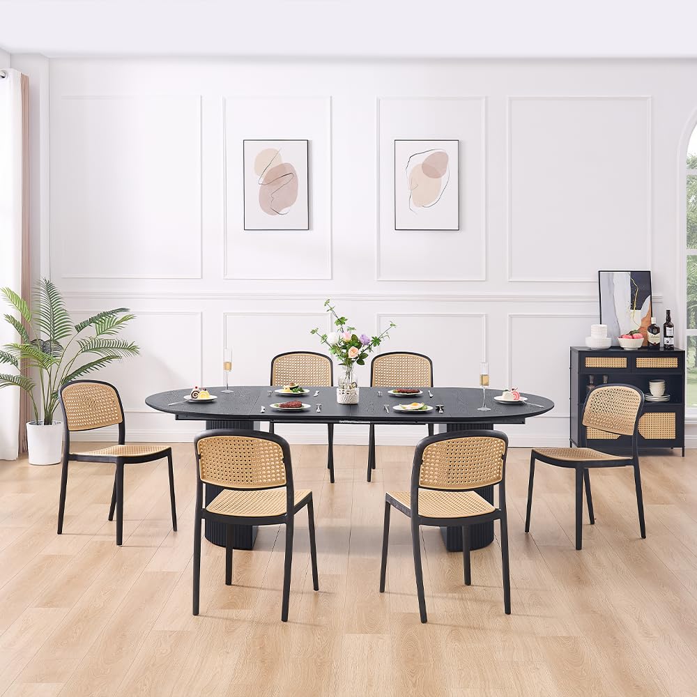 WILLIAMSPACE 86.61" Wood Extendable Dining Table for 6 to 8, Modern Oval Kitchen Table with Wooden Pedestal Base, Mid Century Large Round Dining Room Table Furniture, Easy to Assemble, Black - WoodArtSupply