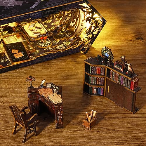 ISSEVE DIY Book Nook Kit, 3D Wooden Puzzle DIY Miniature House Kit for Booknook Shelf Insert Decoration, Magic Book House Stand Bookshelf Dollhouse for Adults with Sensor Light (Detective Agency)