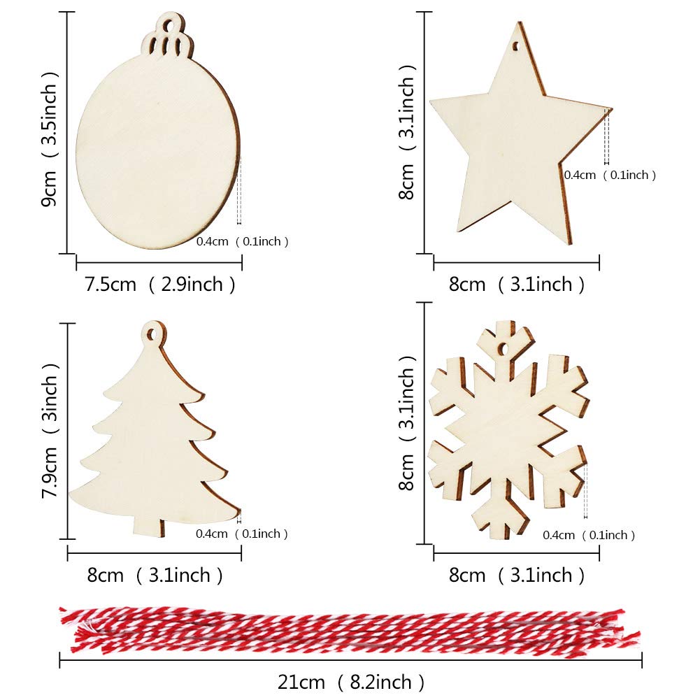 OurWarm 40PCS Wooden Christmas Ornaments Unfinished Wood Slices with Holes, Christmas Crafts DIY Centerpieces Wooden Ornaments to Paint Hanging Decorations Perfect Christmas Gifts for Kids, 4 Styles OurWarm