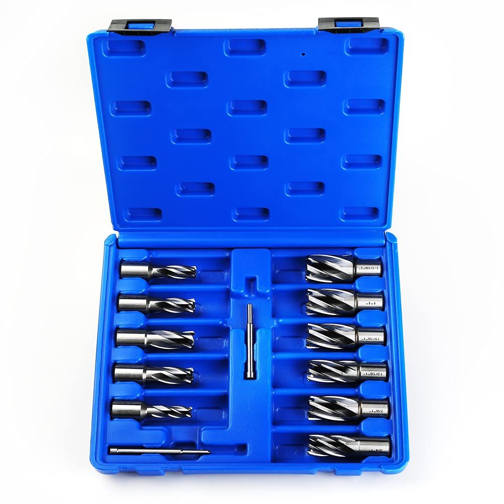 OSCARBIDE Annular Cutter Set 13pcs 3/4"Weldon Shank 1"Cutting Depth and 7/16 to 1-1/16 inch Cutting Diameter Mag Drill Bits for Magnetic Drill Press with 2 pcs Pilot Pins - WoodArtSupply