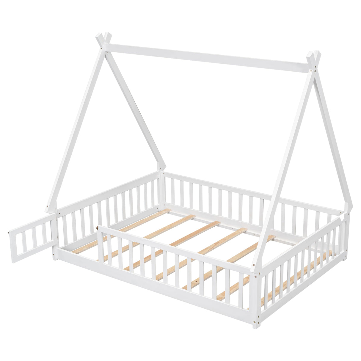Full Size Teepee Tent Floor Bed with Guardrails & Door for Kids - White Wood Montessori Frame Bellemave