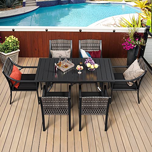 YITAHOME 7 Piece Patio Dining Set, Outdoor Patio Wicker Conversation Furniture Set with Umbrella Hole and All Iron Frame for Lawn Garden Backyard Deck, Soft Black Cushions (Black) - WoodArtSupply