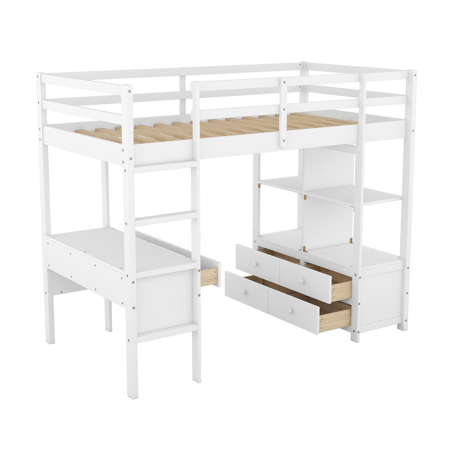 Twin Size Loft Bed with Storage Cabinet and Desk, Wooden Twin Loft Beds Frame with Bookcase and Shelves, Modern Twin Loft Bunk Bed for Kids Teens Adults Boys & Girls (Twin Size, White)